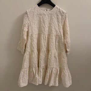 En Saison Ivory Textured Checkered Shift Dress Ruffle 3/4 Sleeve Size M